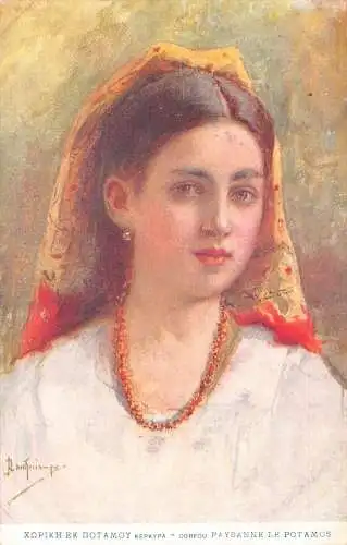 L330 Griechenland Bauernmädchen Potamos National Tracht Portrait signierte Postkarte.
