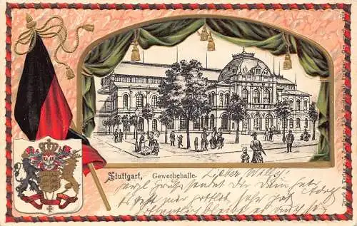 L075 Deutschland 1902 Stuttgart Gewerbehalle Wappen geprägte Litho Postkarte