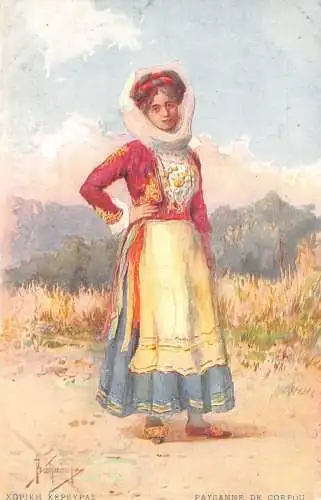 L330 Griechenland Bauernmädchen Korfu Tracht signiert Vintage Postkarte