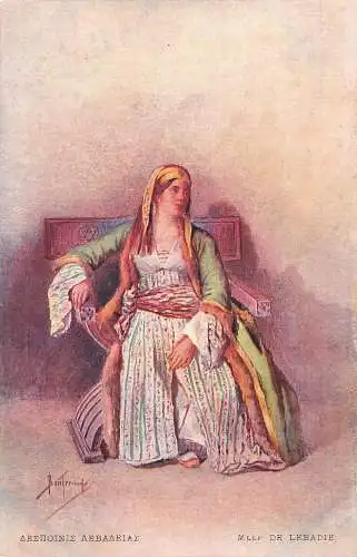 L330 Griechenland Frau von Livadeia sitzend auf Stuhl Gemälde signiert Vintage Postkarte