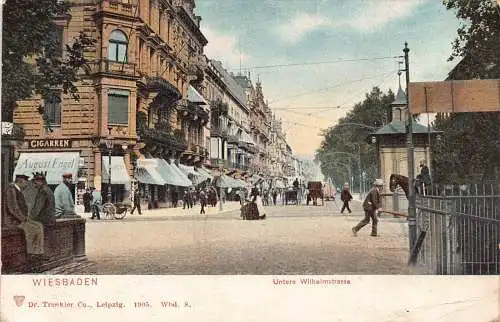 L075 Deutschland 1905 Wiesbaden Wilhelmstraße Handelsgeschäfte Zigarren Postkarte