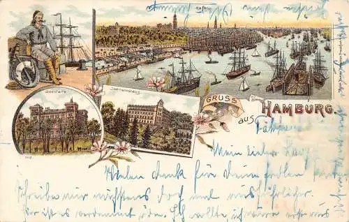 L075 Deutschland 1901 Gruss aus Hamburg Schiffe Boote Vintage Litho Postkarte