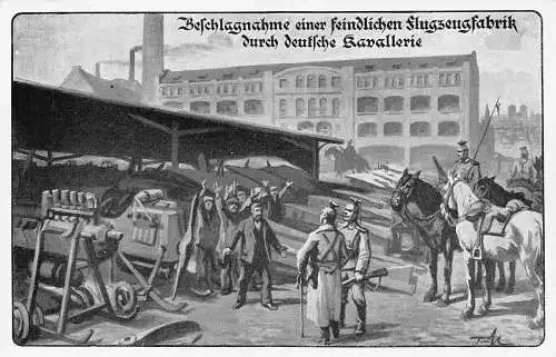 L018 Beschlagnahme einer feindlichen Flugzeugfabrik durch deutsche Kavallerie Vintage Postkarte