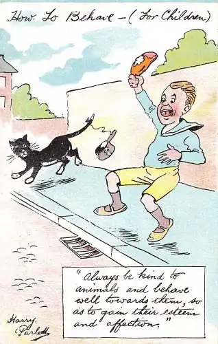 L019 Harry Parlett "How To Behave for Children" Humor signierte Vintage Postkarte