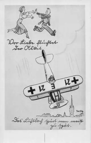 L018 Deutschland Comic Paar Flugzeug Vintage Postkarte