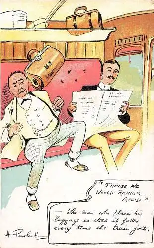 L019 Harry Parlett "Dinge, die wir lieber vermeiden würden" Humor signierte Vintage Postkarte