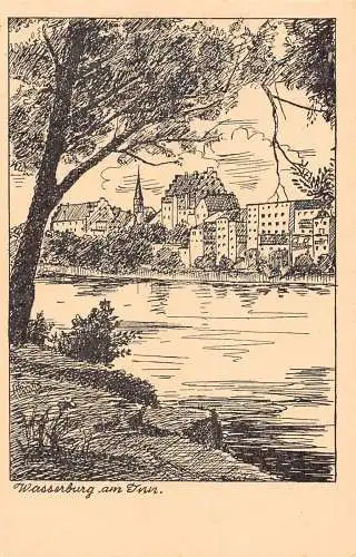A084 Deutschland Künstlerkarte Wasserburg am Inn Flussansicht Postkarte