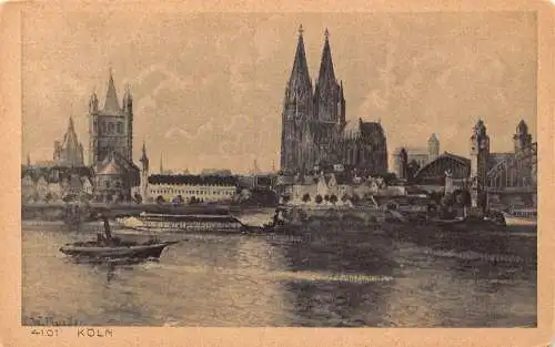 L151 Deutschland KOELN Boot, Fluss, Brücke, Kirche Vintage Postkarte