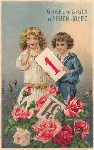 L189 Neujahrsgrüße Kinder Blumen Rosen Glück geprägt Postkarte