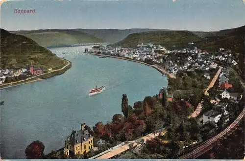 L151 Deutschland Boppard Fluss, Stadtansicht, Boot Vintage Postkarte