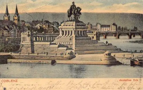 L151 Deutschland 1906 COBLENZ deutsches Eck Statue, Brücke, Fluss Vintage Postkarte