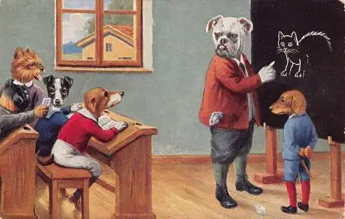 L338 Humanisierte Hunde Klassenzimmer anthropomorphe Comic-Postkarte 1929