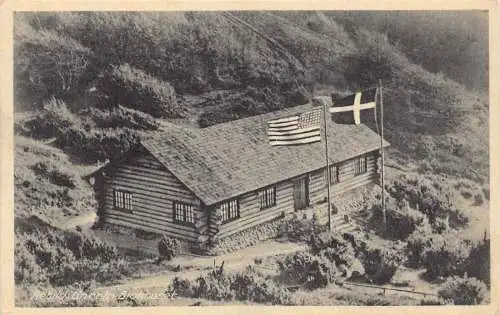 A915 Dänemark Rebild Lincoln Blokhuset Flaggen Vintage Postkarte
