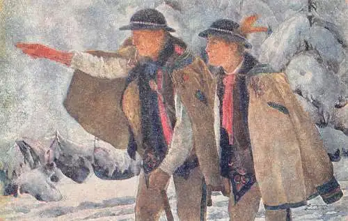 A915 Polen Kunst Traditionelle Kostüme Hirten in den Bergen Schnee Postkarte