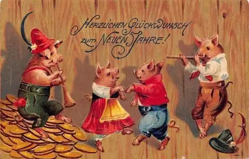 L348 Neujahr 1907 Humanisierte Schweine tanzen anthropomorphe Comic Vintage Postkarte