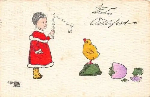 A896 Ostergrüße 1917 Mädchen spielt Küken Eierschalenwagen Diehl Kunst Postkarte