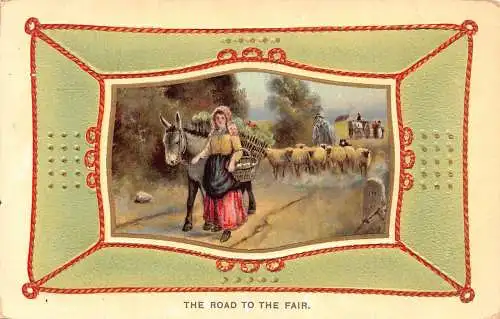 A910 Passepartout 1910 Straße zum schönen Bauernschaf Esel Postkarte