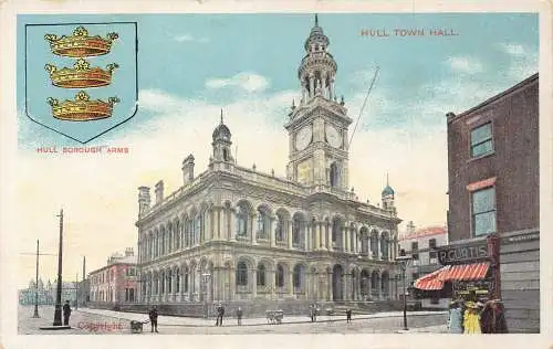 A919 England Hull Town Hall R Curtis Coat of Arms Vintage Postkarte