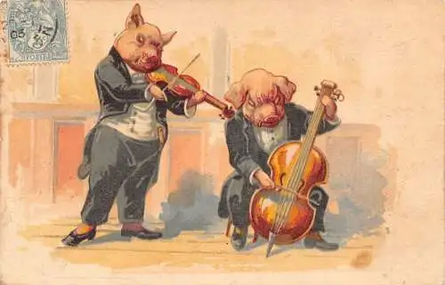 L348 Neujahr 1905 Humanisierte Schweine spielen Violine Cello Comic Vintage Postkarte