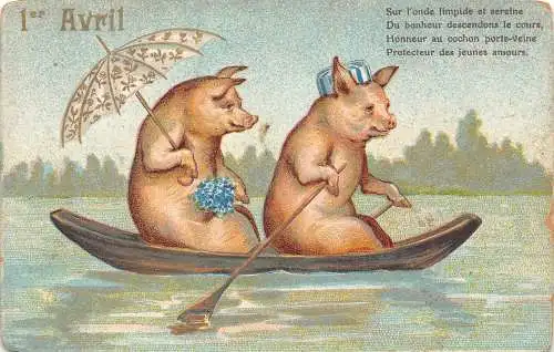 L348 Aprilscherz 1911 Humanisierte Schweine Boot Rudern Comic Vintage Postkarte