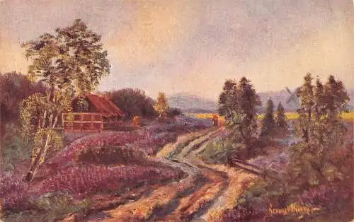 A091 Gemälde signiert 1919 Landschaft Lavendel Felder Landhaus Sonnenuntergang Postkarte