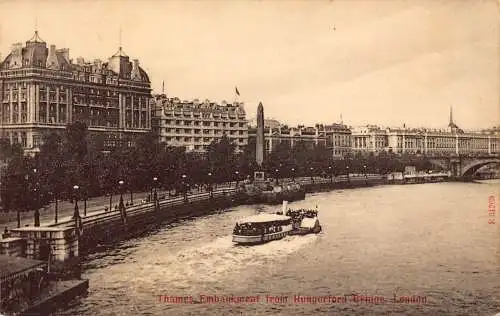 A919 England 1909 Thames Embankment from Hungerford Steamboat Postkarte