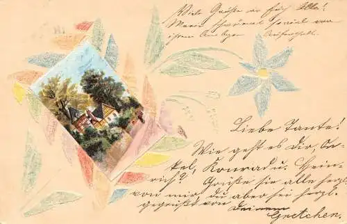 A091 Collage 1907 abgeschnittenes Haus & Wald Bild buntes Papier Blumen Postkarte