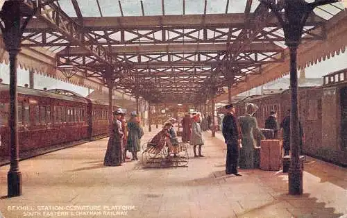 A925 Züge Bexhill Bahnhof Abfahrt Bahnsteig Chatham Eisenbahn Postkarte