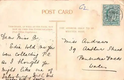A890 England 1903 Salisbury Cathedral Vintage Postkarte
