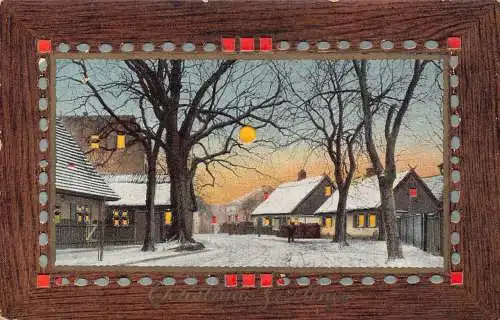 A898 Weihnachtsgrüße Dorf Mondschein Passepartout Hold-to-Light Postkarte