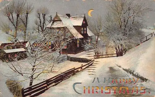 A898 Weihnachtsgrüße 1908 Landhaus Schnee Mondschein Feststellpostkarte