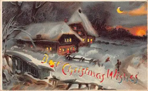 A898 Weihnachtsgrüße 1907 Mondschein Cottage Schnee Feststellpostkarte