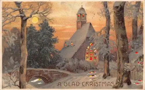 A898 Weihnachtsgrüße Mondschein 1908 Kirchenbrücke Feststellpostkarte