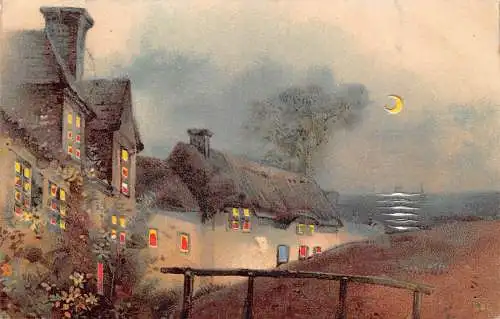 A898 Weihnachtsgrüße Mondschein 1905 Häuser Meer Feststellpostkarte