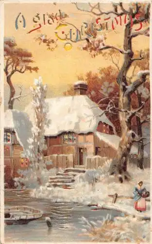 A898 Weihnachtsgrüße Mondschein Flusshütte Bauernlicht Postkarte