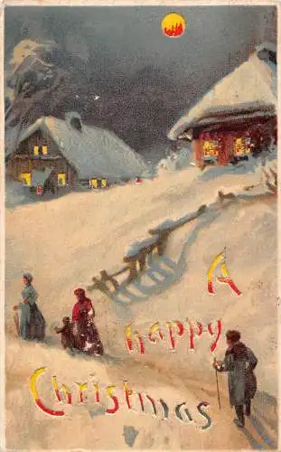 A898 Weihnachten 1908 Schnee Mondschein Dorfbewohner Spaziergang Haus Hold-to-Light Postkarte