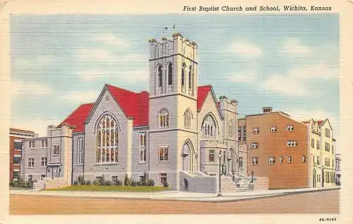A901 USA 1948 First Baptist Church and School Wichita Kansas Vintage Postkarte