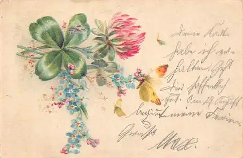 A091 Grüße 1900 Vergissmeinnicht und Distelblume Kleeblatt Schmetterling Postkarte