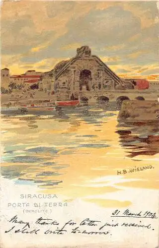 A916 Italien Syrakus Syrakus Porta di Terra Kunst von HB Wieland Chromo Postkarte