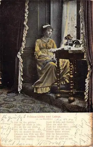 A090 Romantik Liebesgedicht 1907 Frau sitzt Fenster denkt Rosen Tisch Postkarte