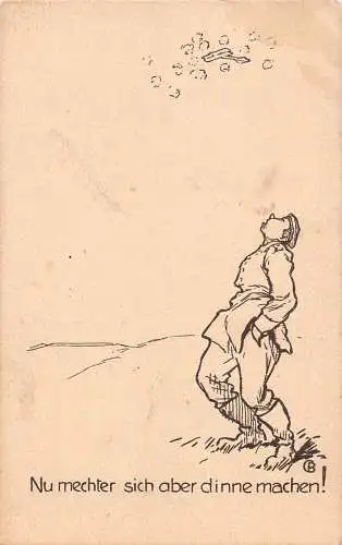 A090 Comic 1917 Künstlerkarte Soldat beobachtet Flugzeug im Feuerfeld Postkarte