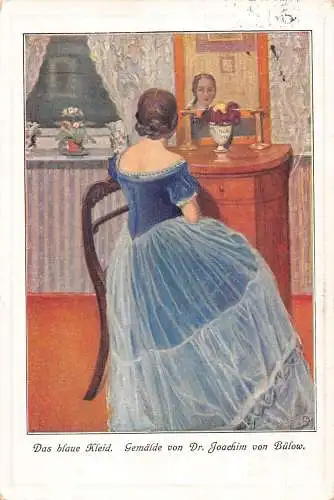 A090 Gemälde 1914 Das blaue Kleid signiert Dr. Joachim von Bülow Spiegel Postkarte