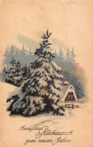 A090 Grüße Neujahr 1930 Winterlandschaft Kiefern Schneehaus Postkarte