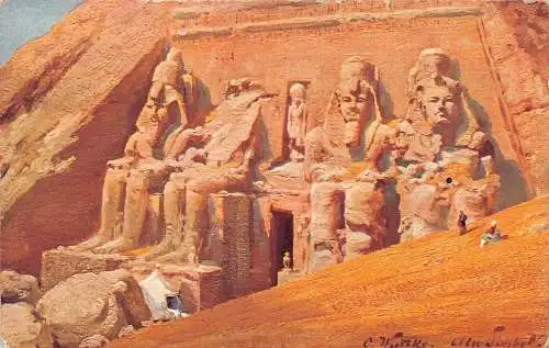 L280 Ägypten Gemälde signiert Tempel im Felsen Abu-Simbel Skulpturen Postkarte
