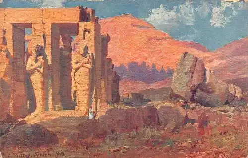 L280 Ägypten Gemälde signiert Ramesseum in Theben Skulpturen Tempel Postkarte