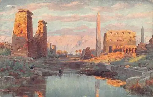 L280 Ägypten Gemälde signiert Ruinen von Karnak und Heiliger See Vintage Postkarte