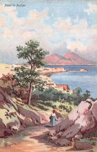 L279 Italien Gemälde signiert Floppola Napoli da Posillipo Felsen Bauern Postkarte