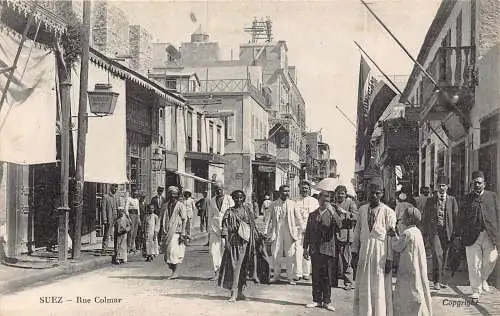L280 Ägypten Suez Rue Colmar belebte Straße Apotheke Hippokrate Flagge Postkarte