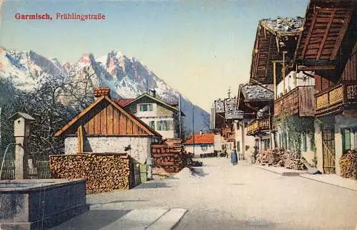 Deutschland Garmisch Fruehlingstraße Straße Brunnen Häuser Vintage Postkarte