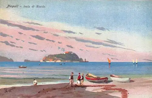L278 Italien Napoli Isola di Nisida Strand Boote Gemälde signiert Floppiola Postkarte